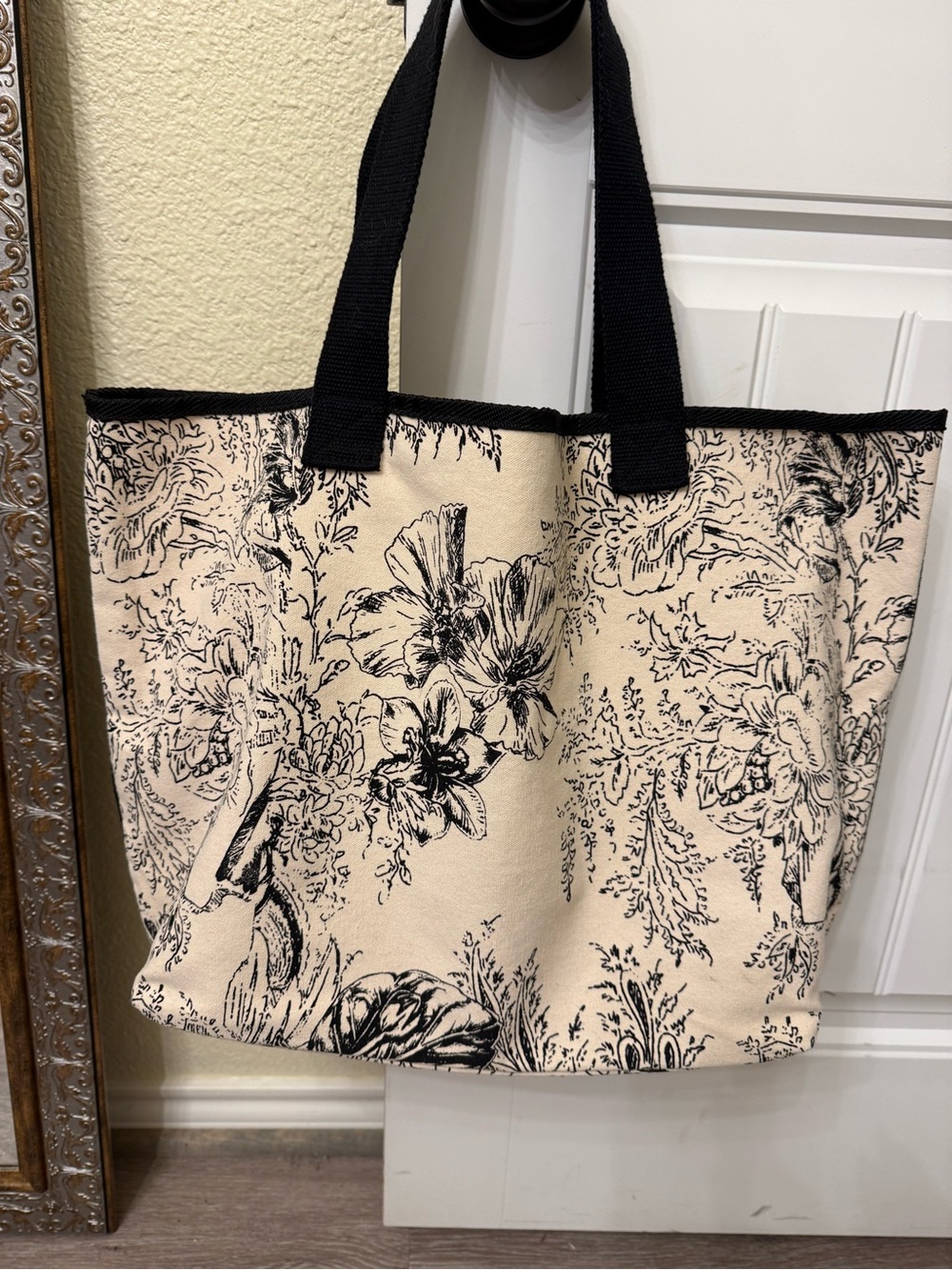 Cream Floral Canvas Tote Bag with Black Trim